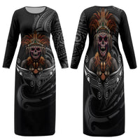 Mokomoko Tribe Eastern Highlands Province Family Matching Long Sleeve Bodycon Dress and Hawaiian Shirt Papua New Guinea Indigenous Pattern LT9 Mom's Dress Black - Polynesian Pride
