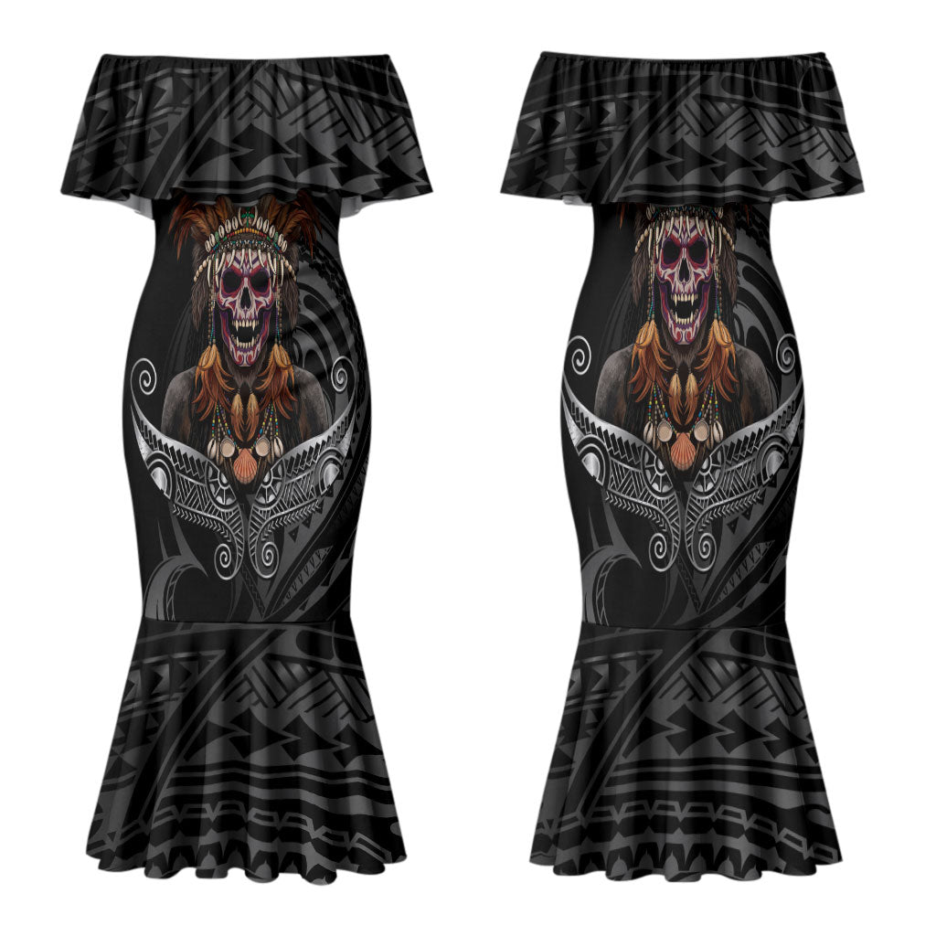 Mokomoko Tribe Eastern Highlands Province Family Matching Mermaid Dress and Hawaiian Shirt Papua New Guinea Indigenous Pattern LT9 Mom's Dress Black - Polynesian Pride