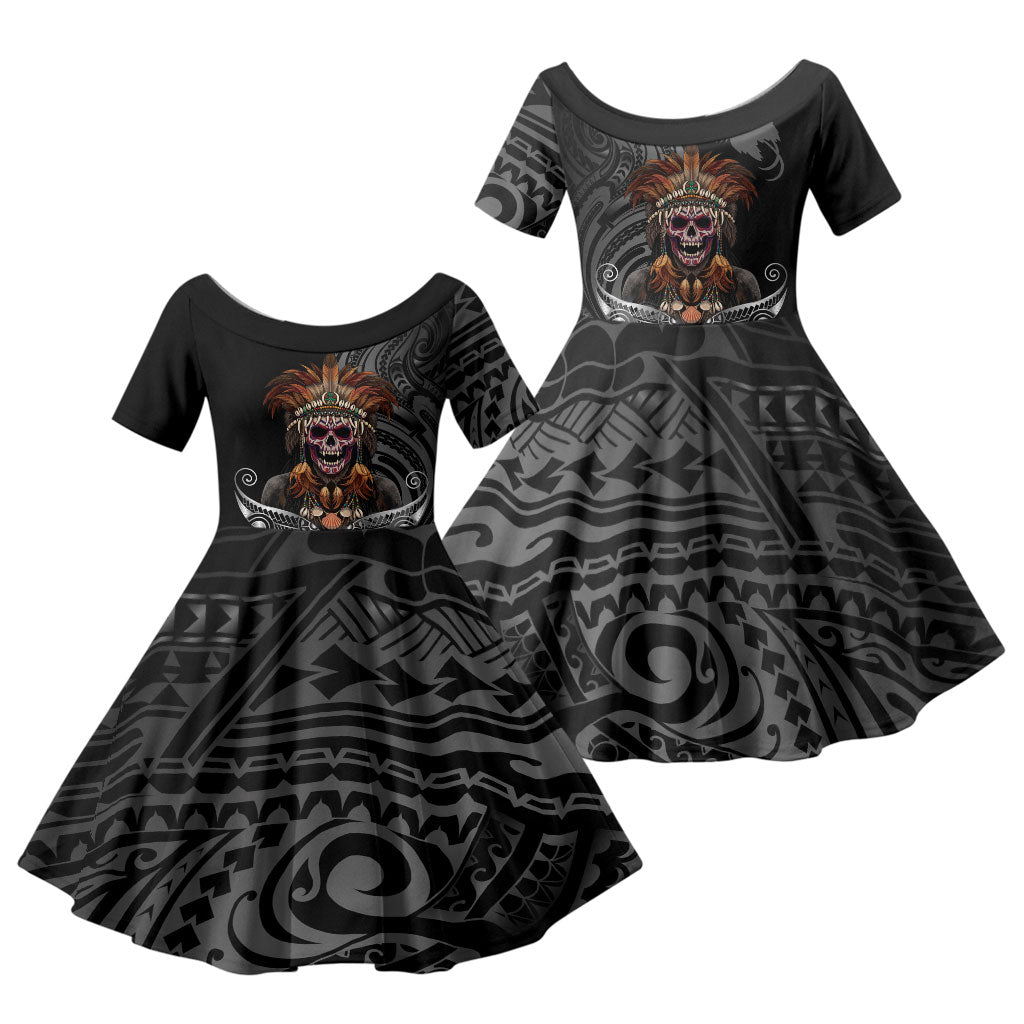 Mokomoko Tribe Eastern Highlands Province Family Matching Mermaid Dress and Hawaiian Shirt Papua New Guinea Indigenous Pattern LT9 Daughter's Dress Black - Polynesian Pride