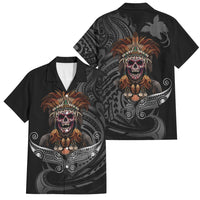 Mokomoko Tribe Eastern Highlands Province Family Matching Off The Shoulder Long Sleeve Dress and Hawaiian Shirt Papua New Guinea Indigenous Pattern LT9 Dad's Shirt - Short Sleeve Black - Polynesian Pride