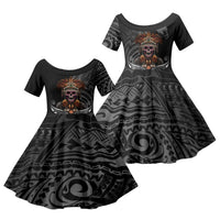 Mokomoko Tribe Eastern Highlands Province Family Matching Off The Shoulder Long Sleeve Dress and Hawaiian Shirt Papua New Guinea Indigenous Pattern LT9 Daughter's Dress Black - Polynesian Pride