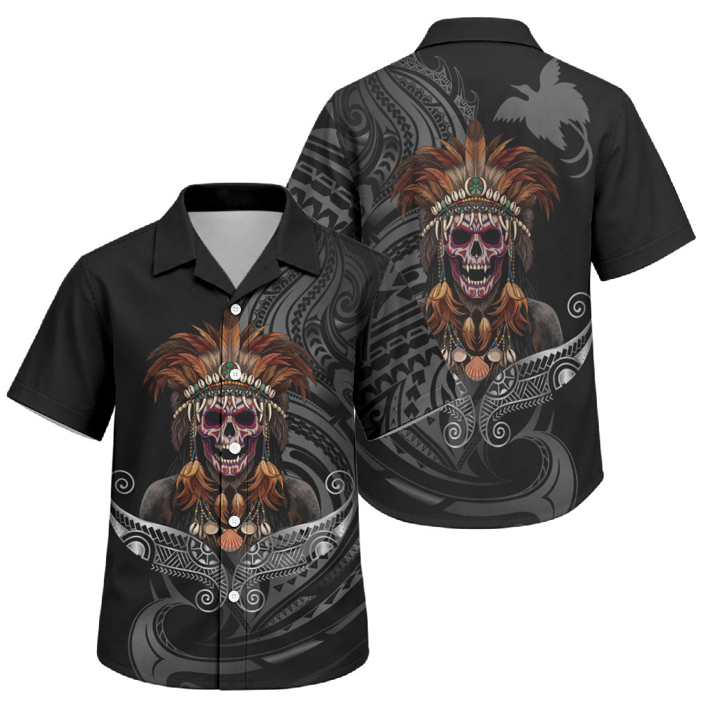 Mokomoko Tribe Eastern Highlands Province Family Matching Off The Shoulder Long Sleeve Dress and Hawaiian Shirt Papua New Guinea Indigenous Pattern LT9 Son's Shirt Black - Polynesian Pride