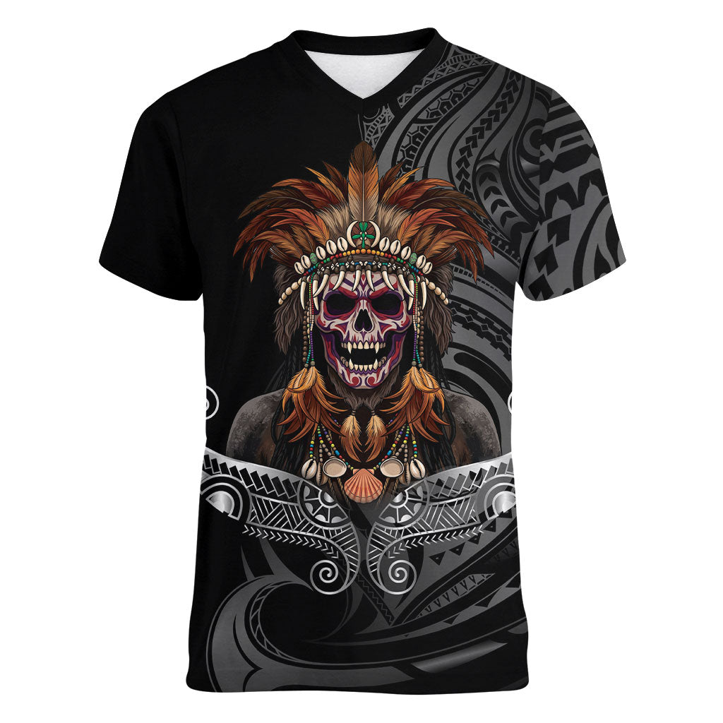 Mokomoko Tribe Eastern Highlands Province Women V-Neck T-Shirt Papua New Guinea Indigenous Pattern LT9 Female Black - Polynesian Pride