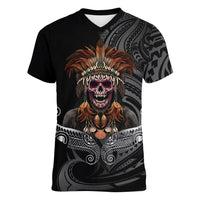 Mokomoko Tribe Eastern Highlands Province Women V-Neck T-Shirt Papua New Guinea Indigenous Pattern LT9 Female Black - Polynesian Pride