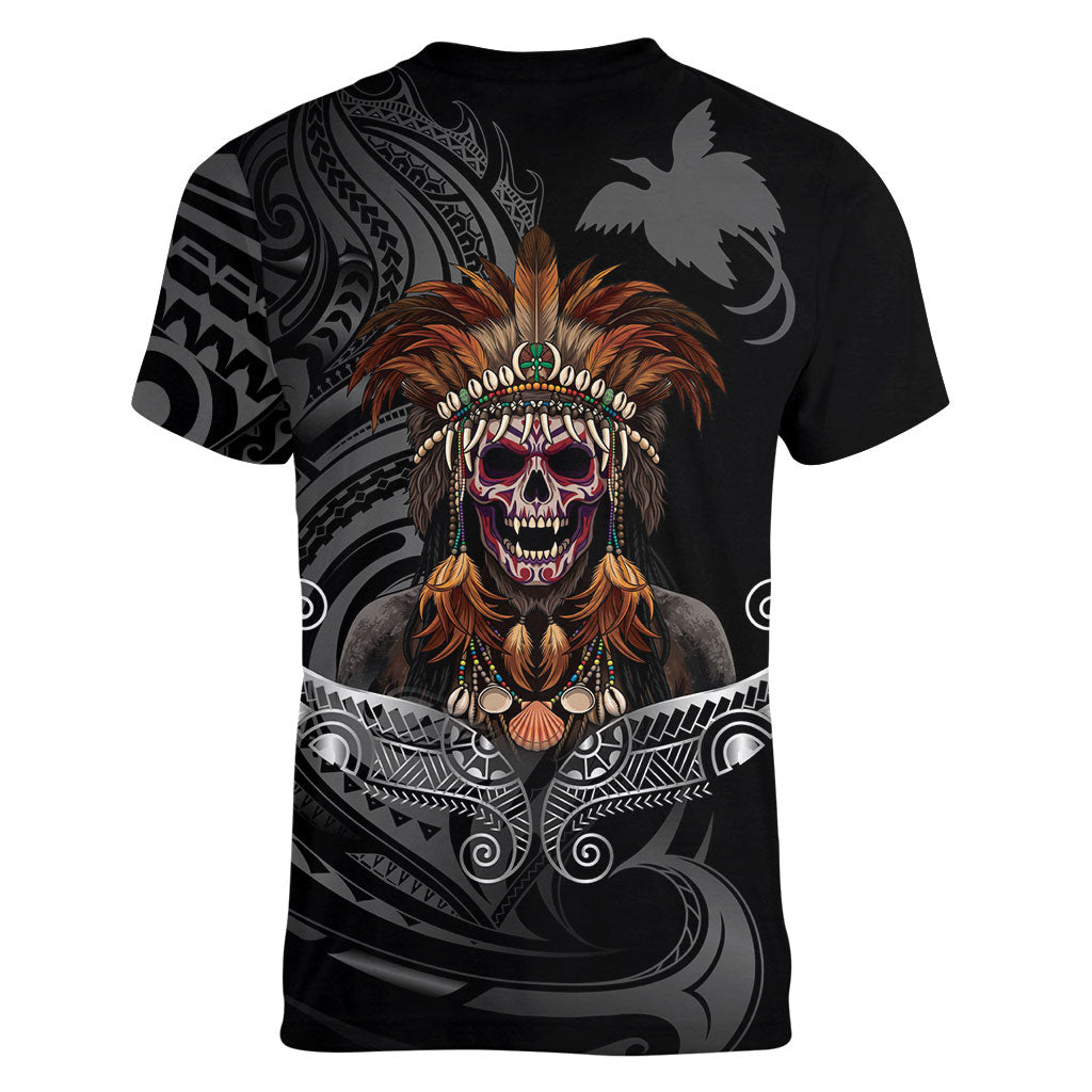 Mokomoko Tribe Eastern Highlands Province Women V-Neck T-Shirt Papua New Guinea Indigenous Pattern LT9 - Polynesian Pride