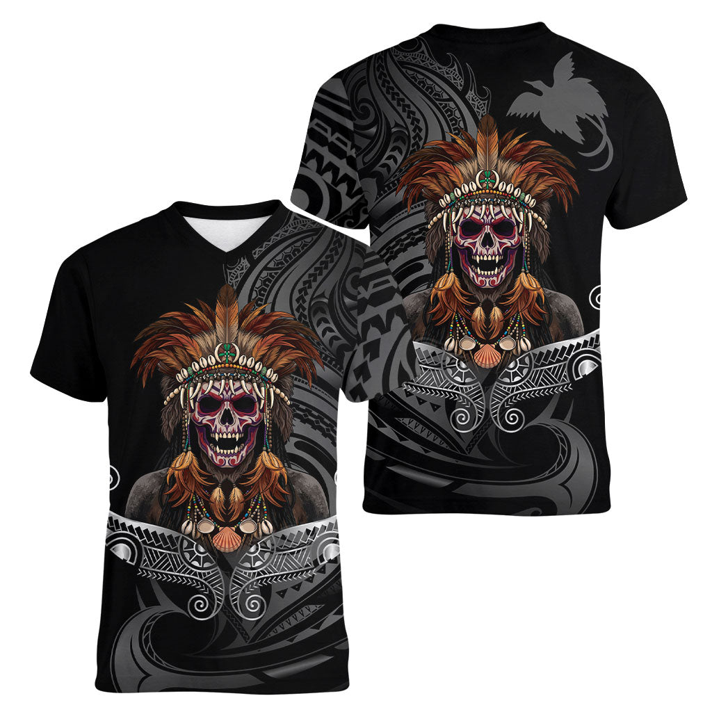 Mokomoko Tribe Eastern Highlands Province Women V-Neck T-Shirt Papua New Guinea Indigenous Pattern LT9 - Polynesian Pride