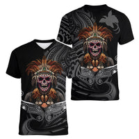 Mokomoko Tribe Eastern Highlands Province Women V-Neck T-Shirt Papua New Guinea Indigenous Pattern LT9 - Polynesian Pride