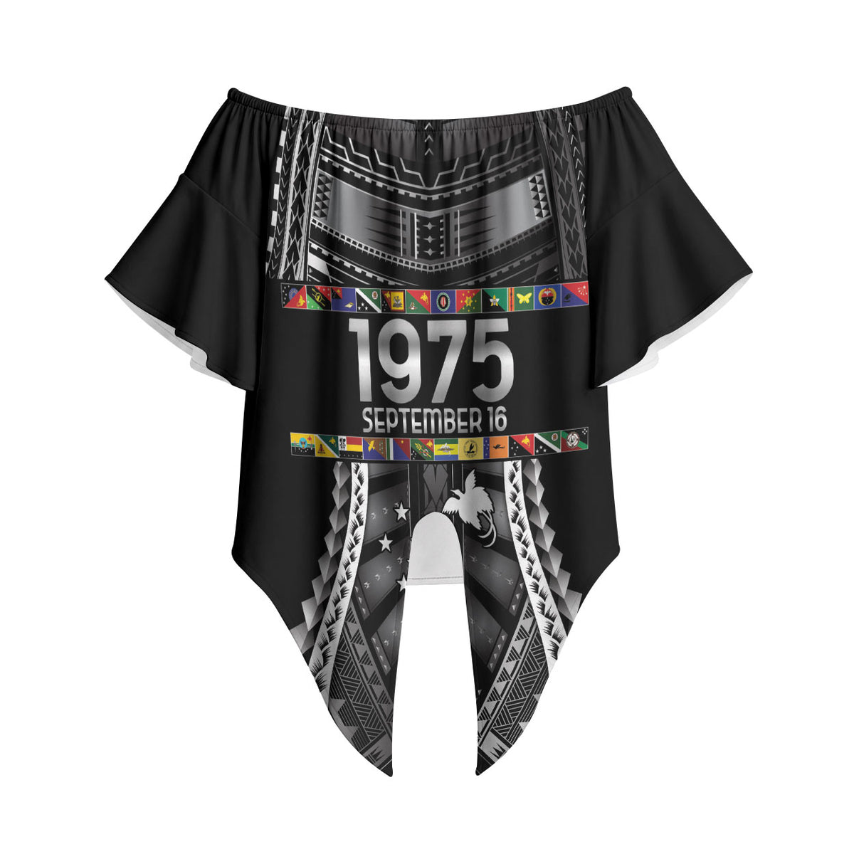 Independen Stet bilong Papua Niugini 1975 Off Shoulder Wrap Waist Top Black Tribal Papua New Guinea Province Flag LT9 Black - Polynesian Pride