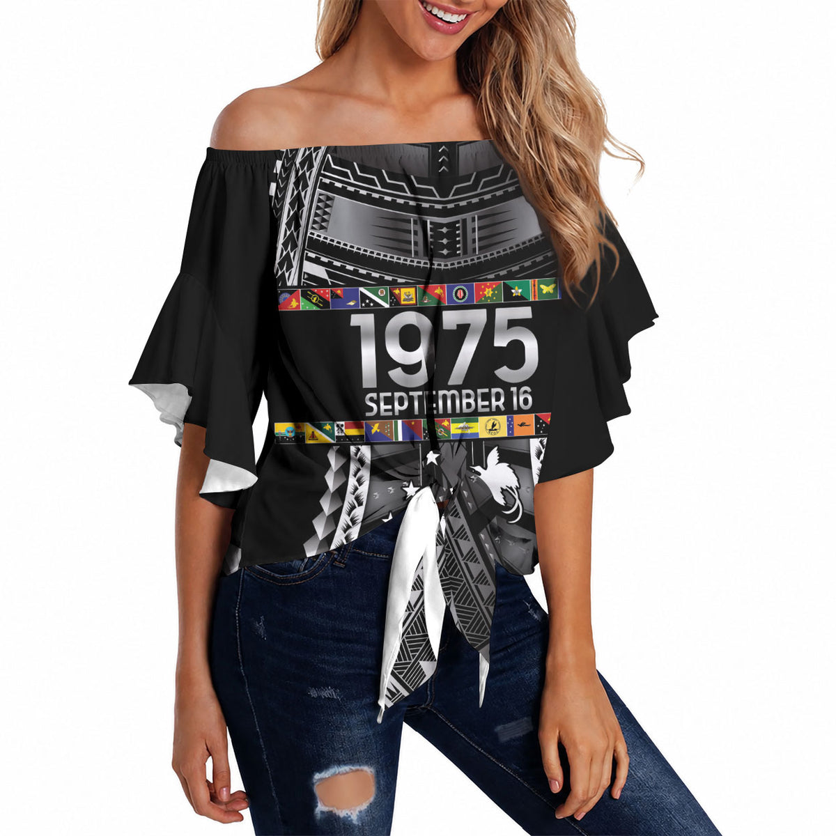 Independen Stet bilong Papua Niugini 1975 Off Shoulder Wrap Waist Top Black Tribal Papua New Guinea Province Flag LT9 - Polynesian Pride
