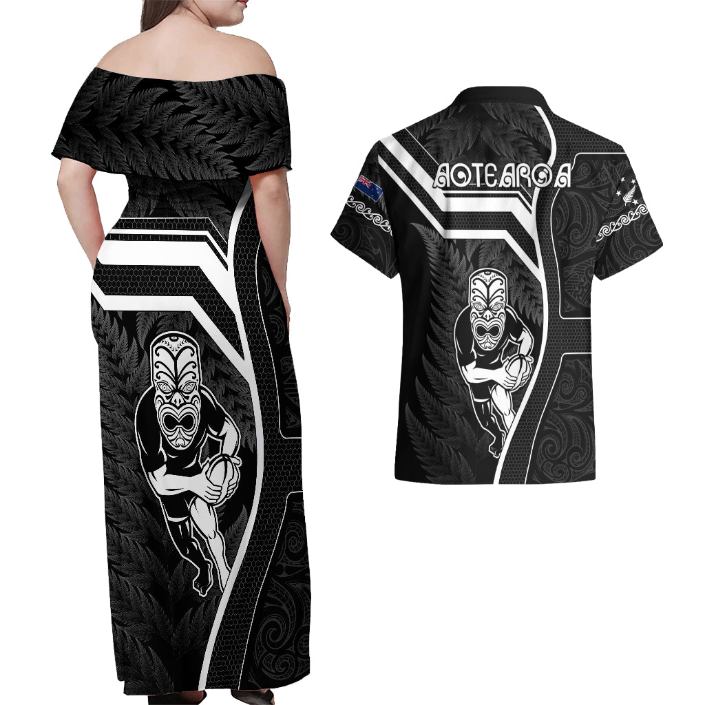 New Zealand Aotearoa Rugby Couples Matching Off Shoulder Maxi Dress and Hawaiian Shirt Black Fern Maori Tribal Sporty Style LT9 - Polynesian Pride