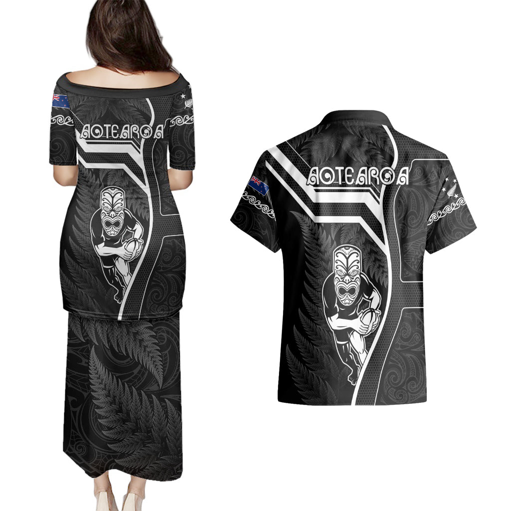 New Zealand Aotearoa Rugby Couples Matching Puletasi Dress and Hawaiian Shirt Black Fern Maori Tribal Sporty Style LT9 - Polynesian Pride