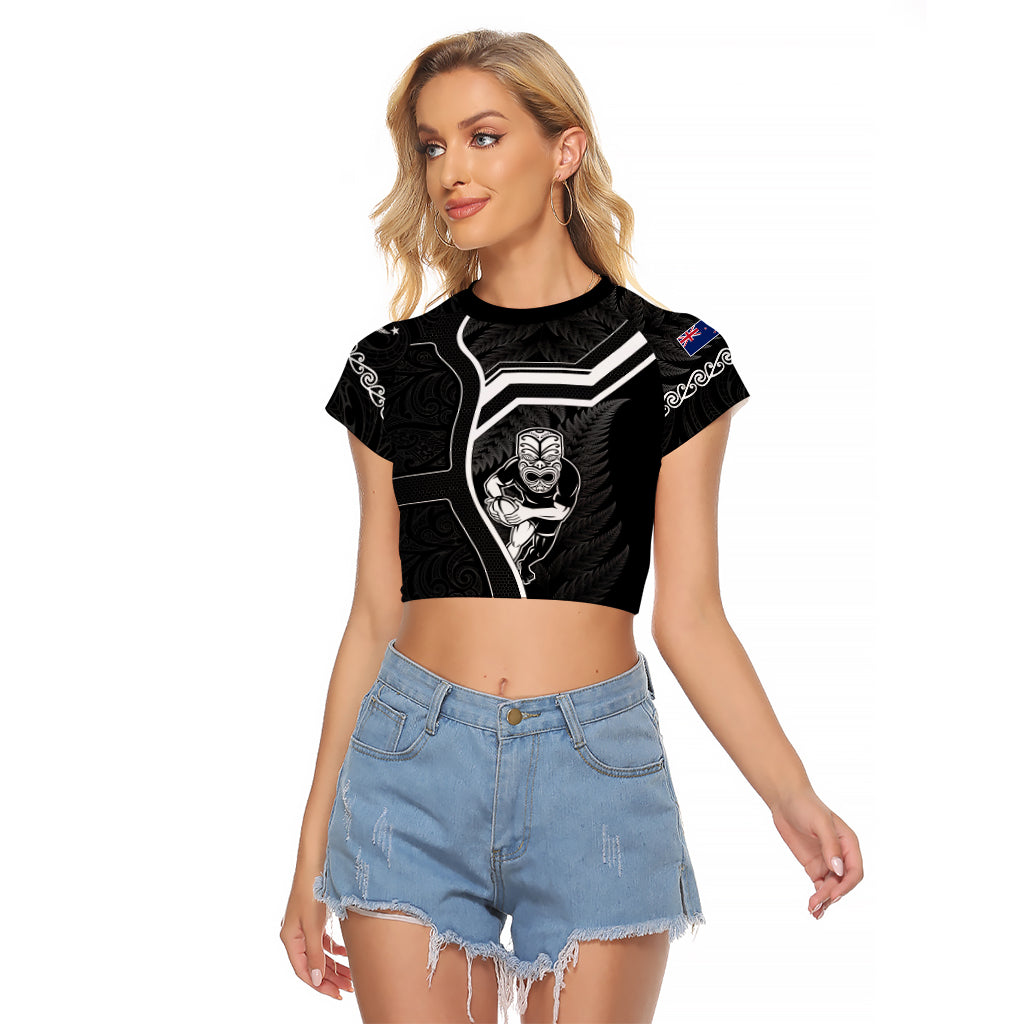 New Zealand Aotearoa Rugby Raglan Cropped T Shirt Black Fern Maori Tribal Sporty Style LT9 Female Black - Polynesian Pride