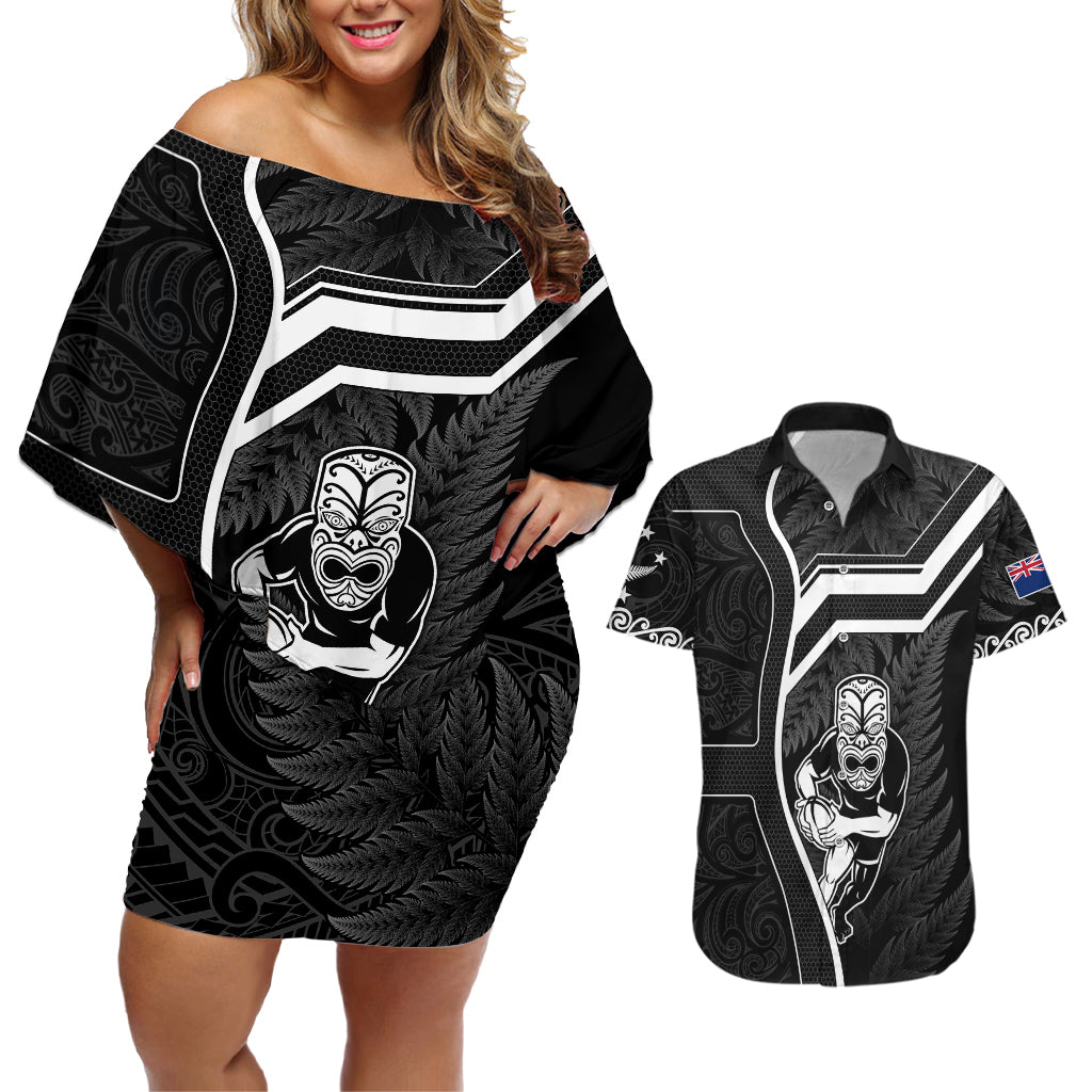 Custom New Zealand Aotearoa Rugby Couples Matching Off Shoulder Short Dress and Hawaiian Shirt Black Fern Maori Tribal Sporty Style LT9 Black - Polynesian Pride