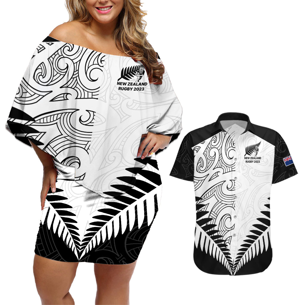 New Zealand Rugby Couples Matching Off Shoulder Short Dress and Hawaiian Shirt Proud Aoteroa Stylised Maori Koru LT9 Black - Polynesian Pride