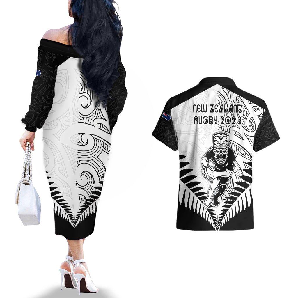 New Zealand Rugby Couples Matching Off The Shoulder Long Sleeve Dress and Hawaiian Shirt Proud Aoteroa Stylised Maori Koru LT9 - Polynesian Pride