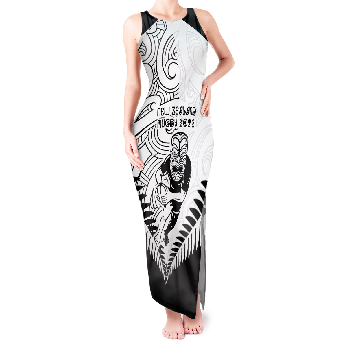 New Zealand Rugby Tank Maxi Dress Proud Aoteroa Stylised Maori Koru LT9 Women Black - Polynesian Pride