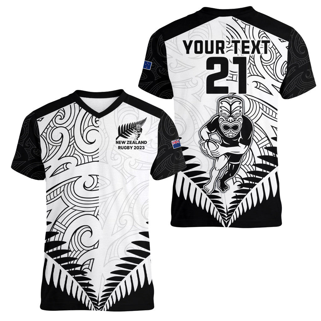 Custom New Zealand Rugby Women V Neck T Shirt Proud Aoteroa Stylised Maori Koru LT9 - Polynesian Pride