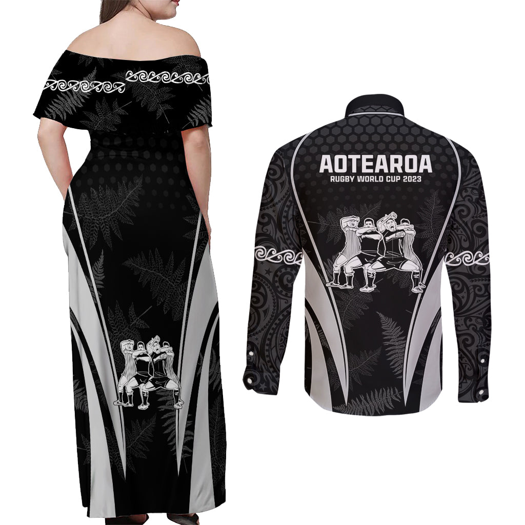New Zealand Aotearoa Rugby Couples Matching Off Shoulder Maxi Dress and Long Sleeve Button Shirt Haka Dance Mixed Silver Fern Sporty Style LT9 - Polynesian Pride