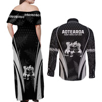 New Zealand Aotearoa Rugby Couples Matching Off Shoulder Maxi Dress and Long Sleeve Button Shirt Haka Dance Mixed Silver Fern Sporty Style LT9 - Polynesian Pride