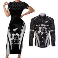 New Zealand Aotearoa Rugby Couples Matching Short Sleeve Bodycon Dress and Long Sleeve Button Shirt Haka Dance Mixed Silver Fern Sporty Style LT9 Black - Polynesian Pride