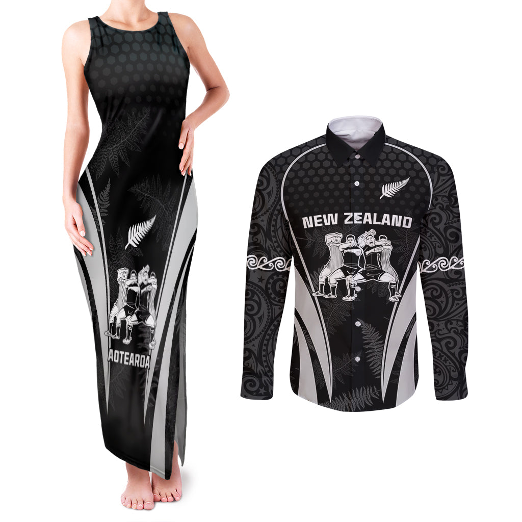 New Zealand Aotearoa Rugby Couples Matching Tank Maxi Dress and Long Sleeve Button Shirt Haka Dance Mixed Silver Fern Sporty Style LT9 Black - Polynesian Pride