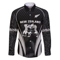 New Zealand Aotearoa Rugby Family Matching Long Sleeve Bodycon Dress and Hawaiian Shirt Haka Dance Mixed Silver Fern Sporty Style LT9 Dad's Shirt - Long Sleeve Black - Polynesian Pride