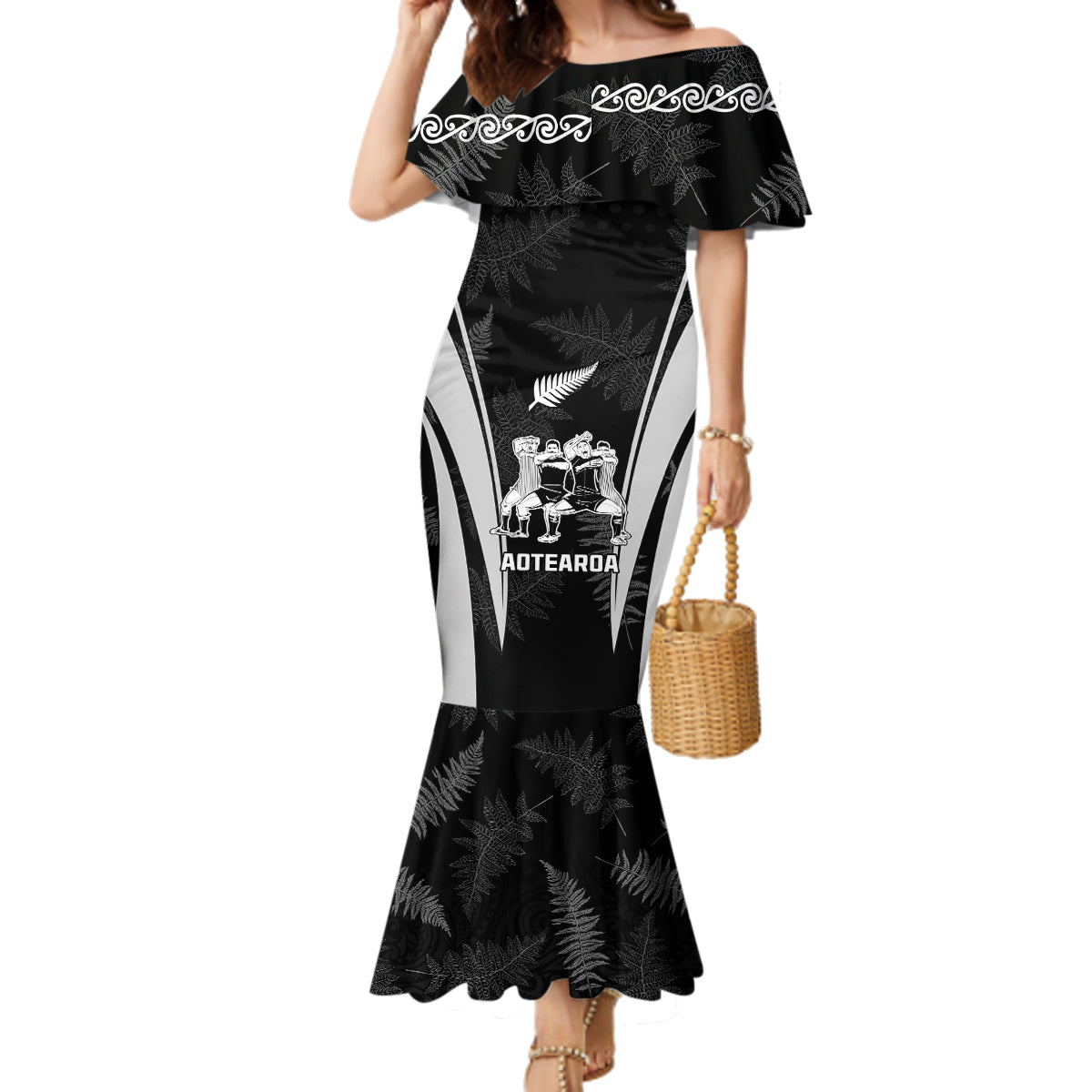 New Zealand Aotearoa Rugby Family Matching Mermaid Dress and Hawaiian Shirt Haka Dance Mixed Silver Fern Sporty Style LT9 Mom's Dress Black - Polynesian Pride