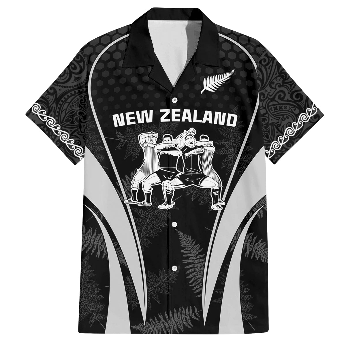 New Zealand Aotearoa Rugby Family Matching Tank Maxi Dress and Hawaiian Shirt Haka Dance Mixed Silver Fern Sporty Style LT9 Dad's Shirt - Short Sleeve Black - Polynesian Pride
