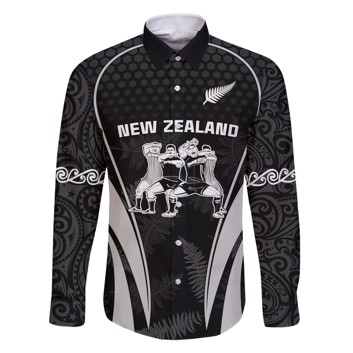 New Zealand Aotearoa Rugby Family Matching Tank Maxi Dress and Hawaiian Shirt Haka Dance Mixed Silver Fern Sporty Style LT9 Dad's Shirt - Long Sleeve Black - Polynesian Pride