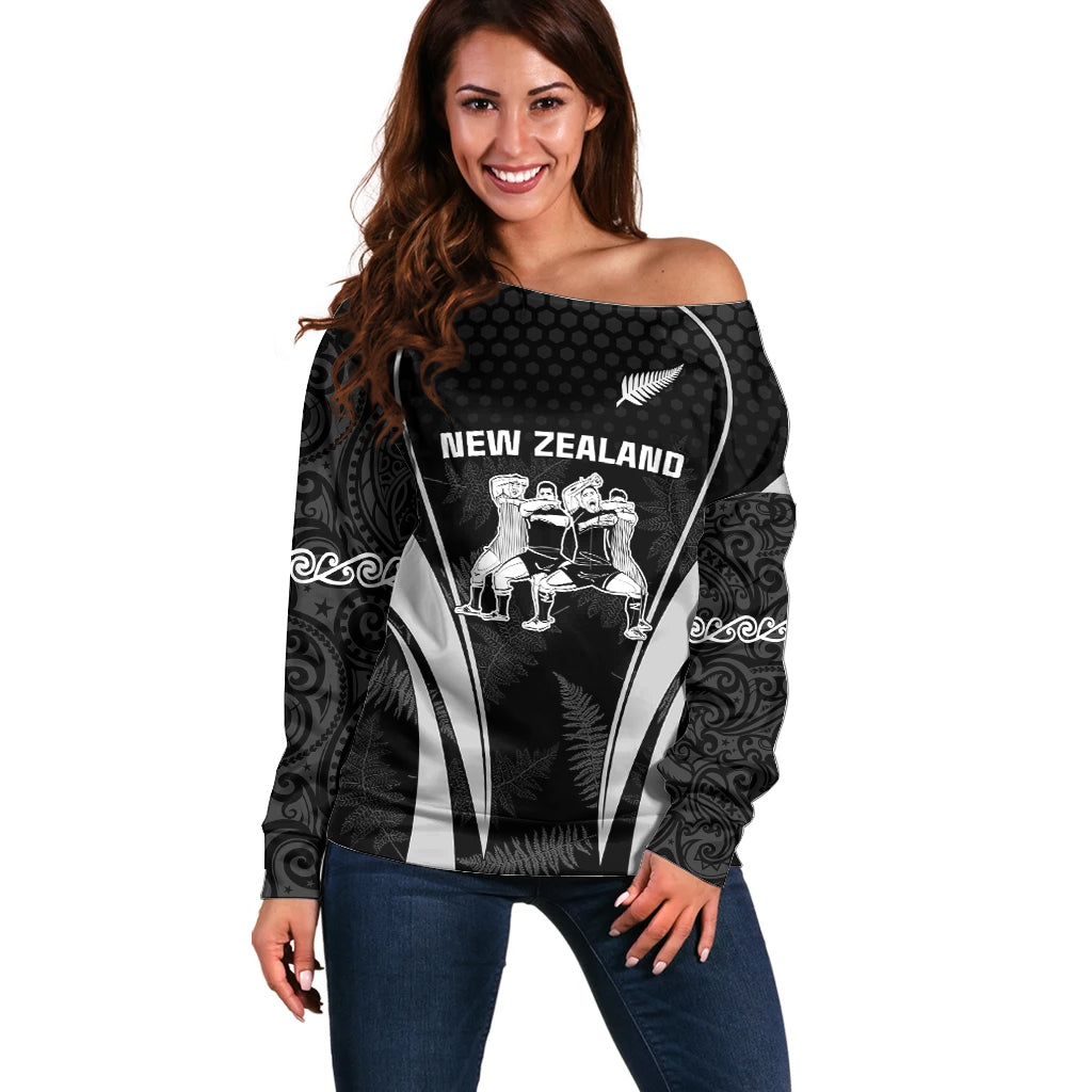 New Zealand Aotearoa Rugby Off Shoulder Sweater Haka Dance Mixed Silver Fern Sporty Style LT9 Women Black - Polynesian Pride