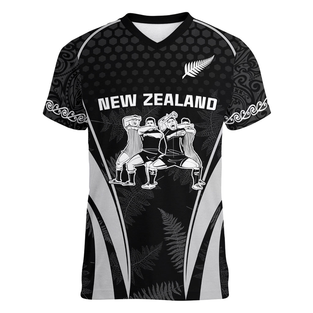 New Zealand Aotearoa Rugby Women V Neck T Shirt Haka Dance Mixed Silver Fern Sporty Style LT9 Female Black - Polynesian Pride