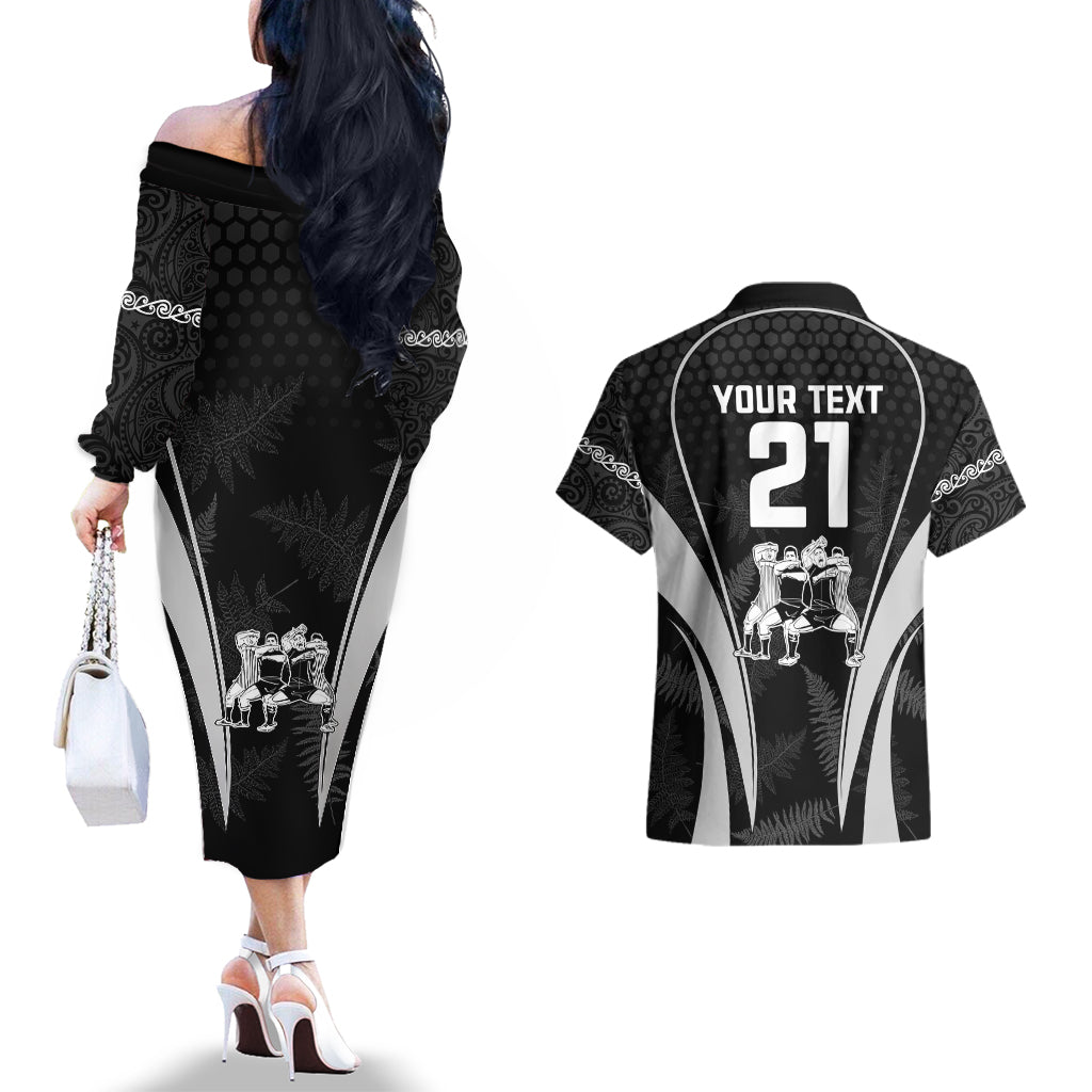 Custom New Zealand Aotearoa Rugby Couples Matching Off The Shoulder Long Sleeve Dress and Hawaiian Shirt Haka Dance Mixed Silver Fern Sporty Style LT9 - Polynesian Pride