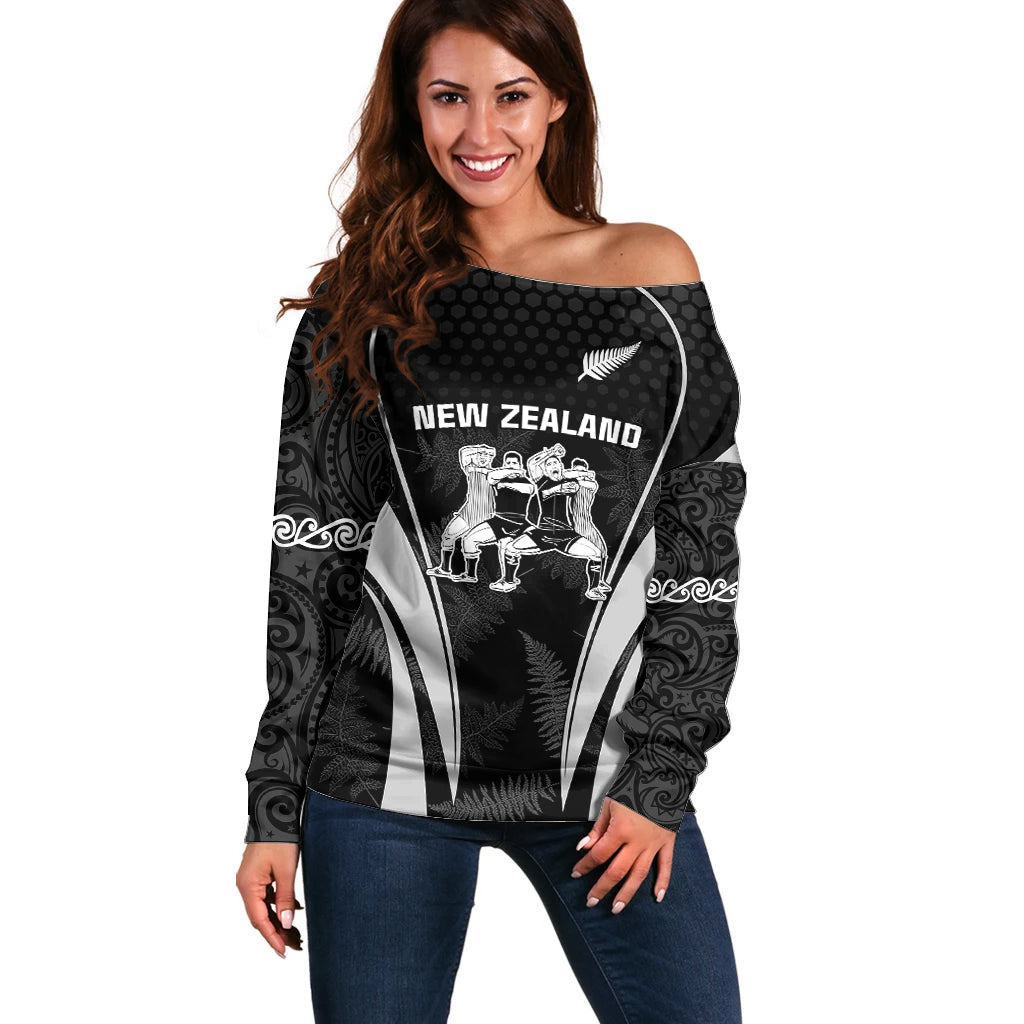 Custom New Zealand Aotearoa Rugby Off Shoulder Sweater Haka Dance Mixed Silver Fern Sporty Style LT9 Women Black - Polynesian Pride