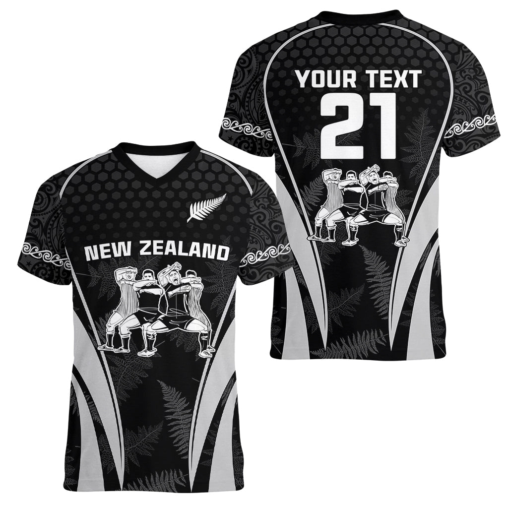 Custom New Zealand Aotearoa Rugby Women V Neck T Shirt Haka Dance Mixed Silver Fern Sporty Style LT9 - Polynesian Pride