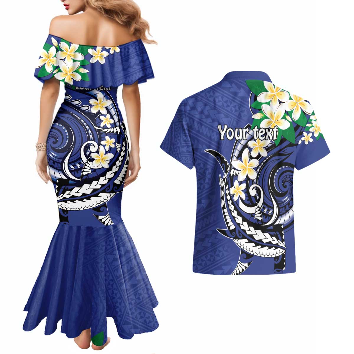 FSM Chuuk State Polynesian Shark Tattoo Personalised Couples Matching Mermaid Dress and Hawaiian Shirt