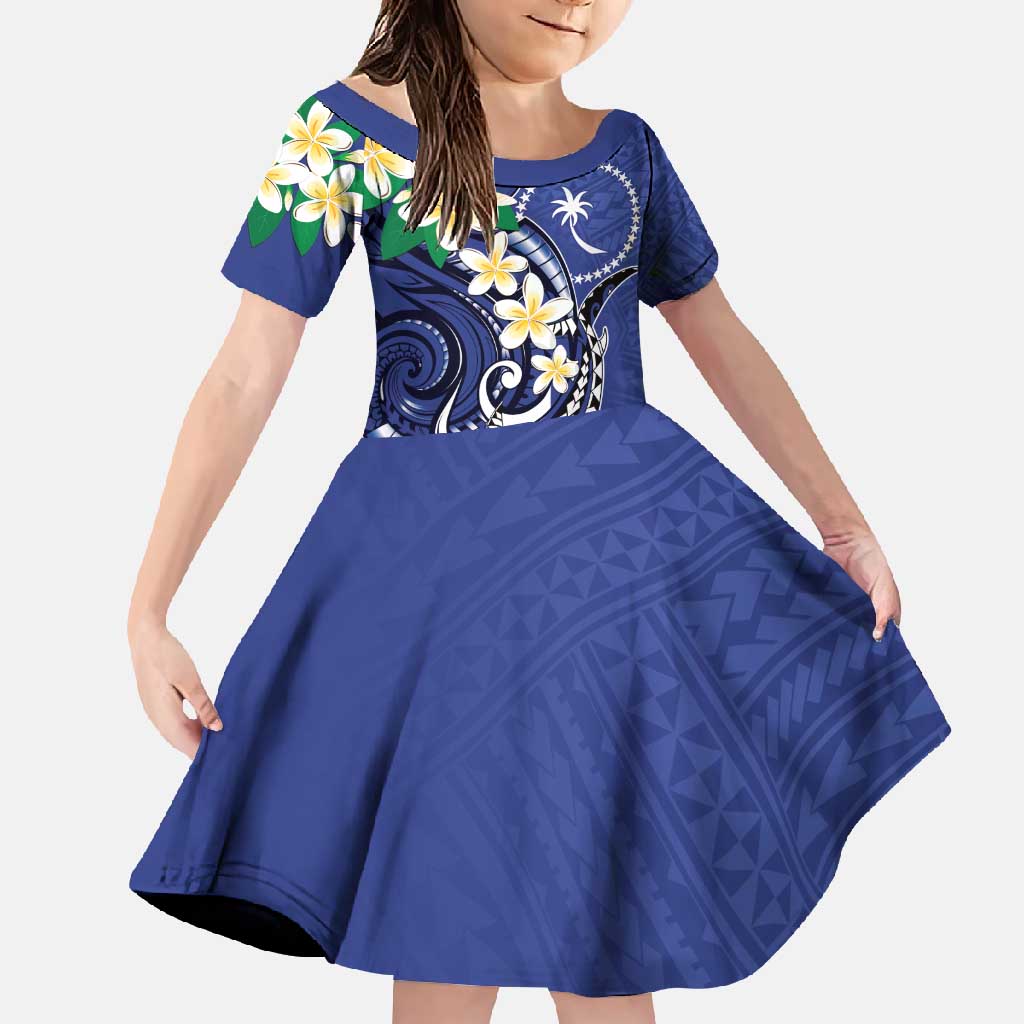FSM Chuuk State Polynesian Shark Tattoo Personalised Family Matching Short Sleeve Bodycon Dress and Hawaiian Shirt LT9 Daughter's Dress Blue - Polynesian Pride