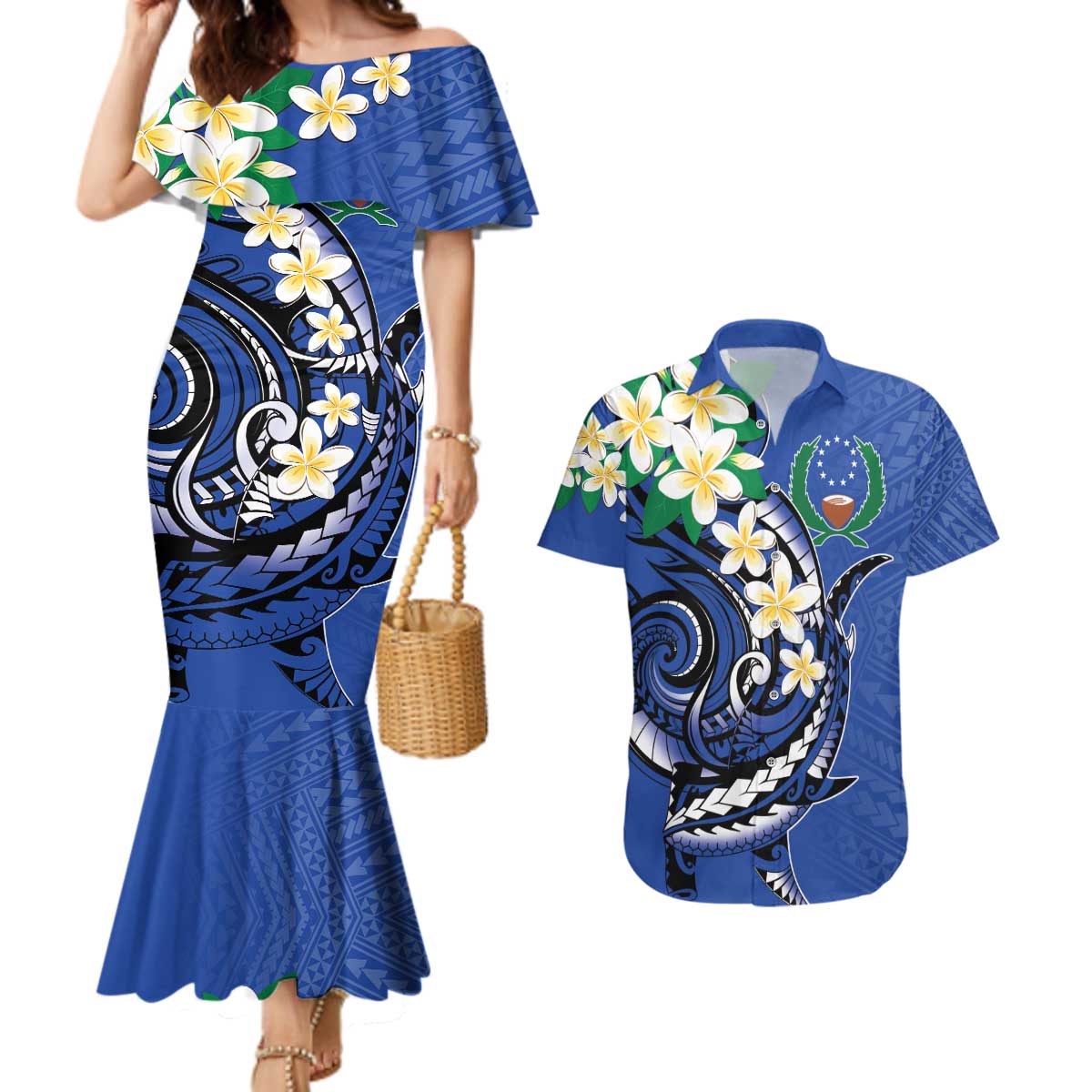 FSM Pohnpei Polynesian Shark Tattoo Personalised Couples Matching Mermaid Dress and Hawaiian Shirt