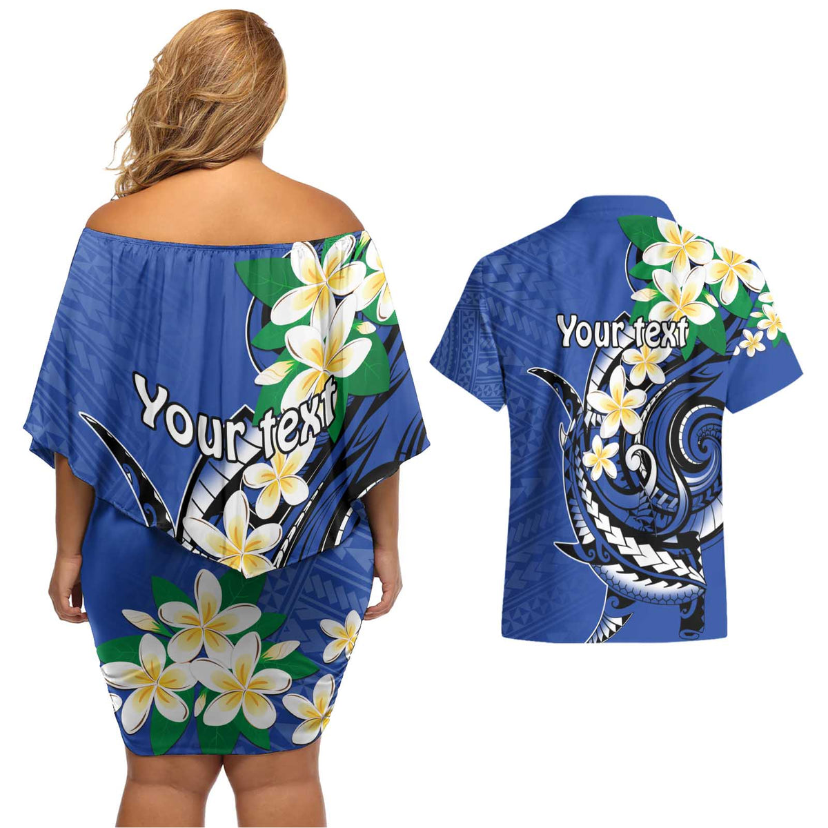 FSM Pohnpei Polynesian Shark Tattoo Personalised Couples Matching Off Shoulder Short Dress and Hawaiian Shirt