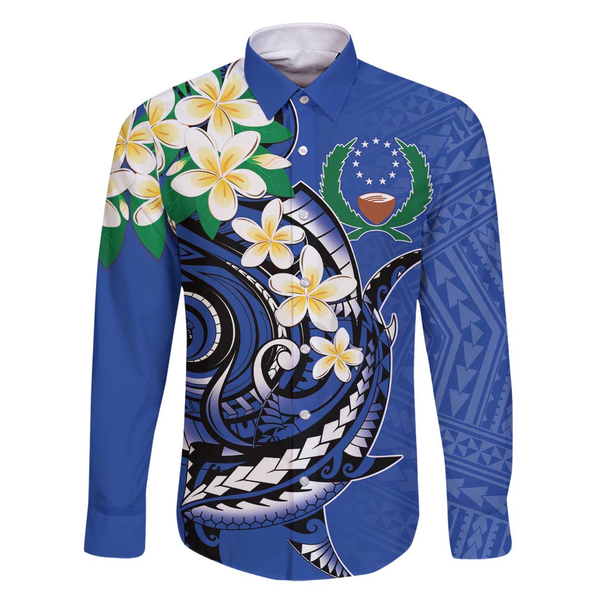 FSM Pohnpei Polynesian Shark Tattoo Personalised Family Matching Off Shoulder Short Dress and Hawaiian Shirt LT9 Dad's Shirt - Long Sleeve Blue - Polynesian Pride