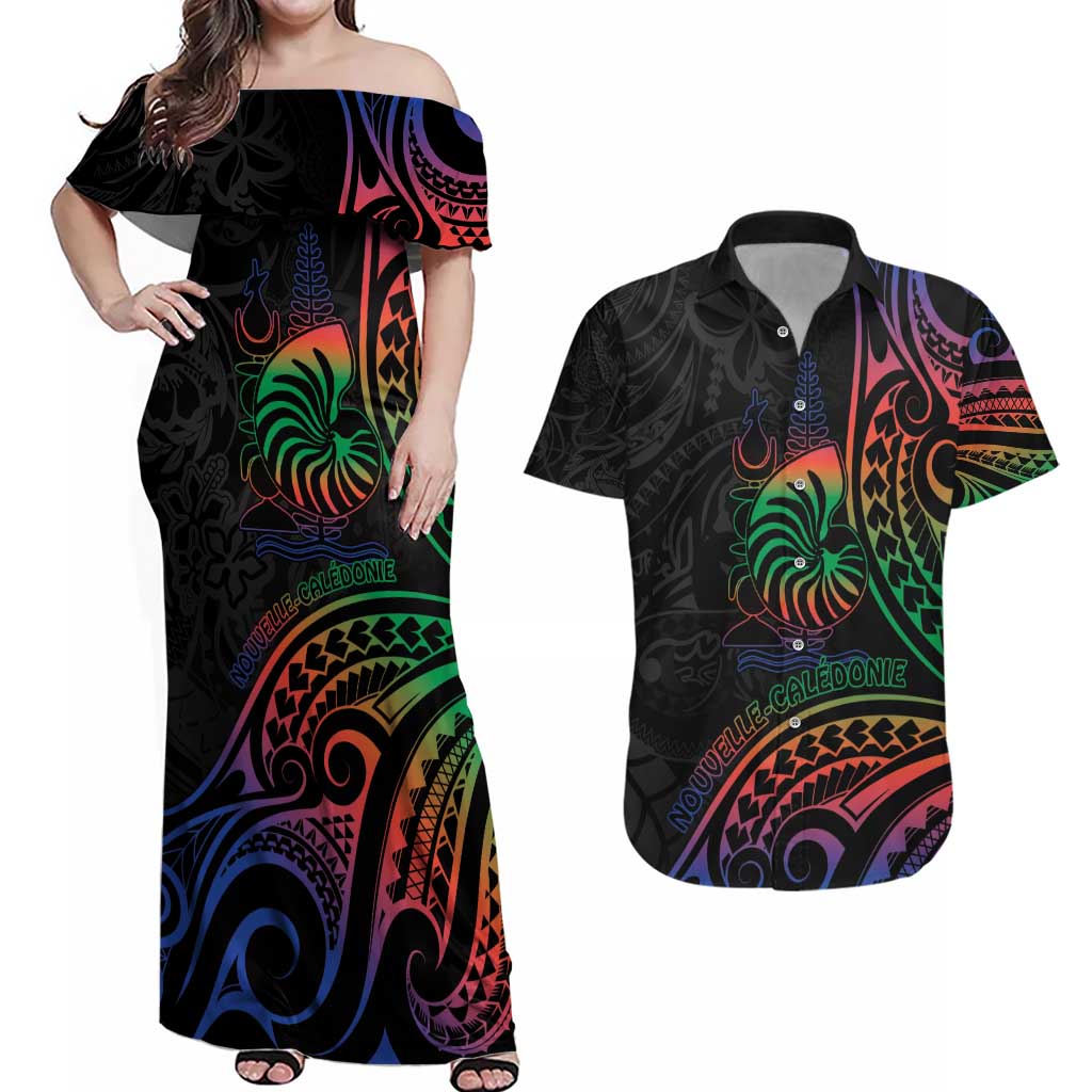 New Caledonia Polynesian Tatoo Personalised Couples Matching Off Shoulder Maxi Dress and Hawaiian Shirt