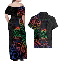 New Caledonia Polynesian Tatoo Personalised Couples Matching Off Shoulder Maxi Dress and Hawaiian Shirt