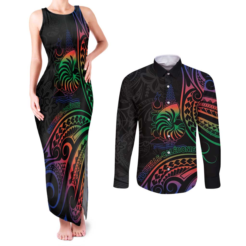 New Caledonia Polynesian Tatoo Personalised Couples Matching Tank Maxi Dress and Long Sleeve Button Shirt