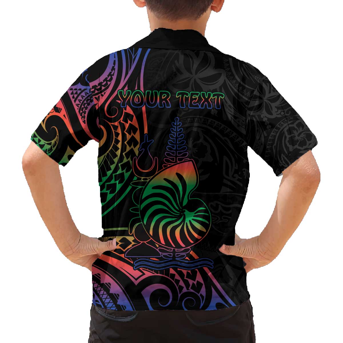 New Caledonia Polynesian Tatoo Personalised Family Matching Off Shoulder Short Dress and Hawaiian Shirt