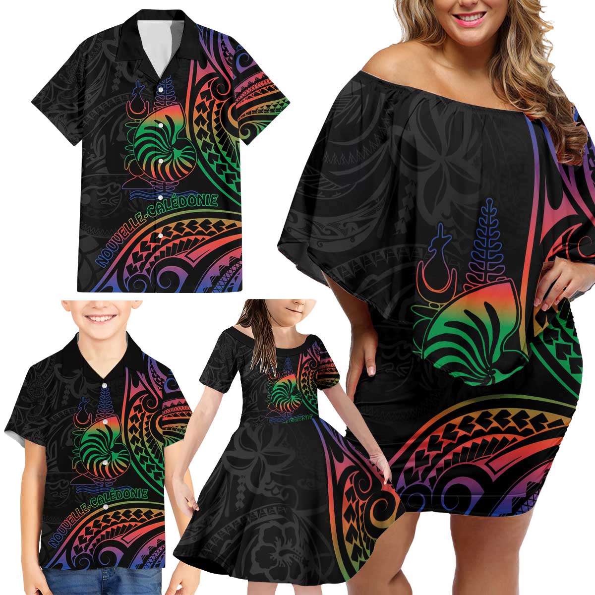 New Caledonia Polynesian Tatoo Personalised Family Matching Off Shoulder Short Dress and Hawaiian Shirt