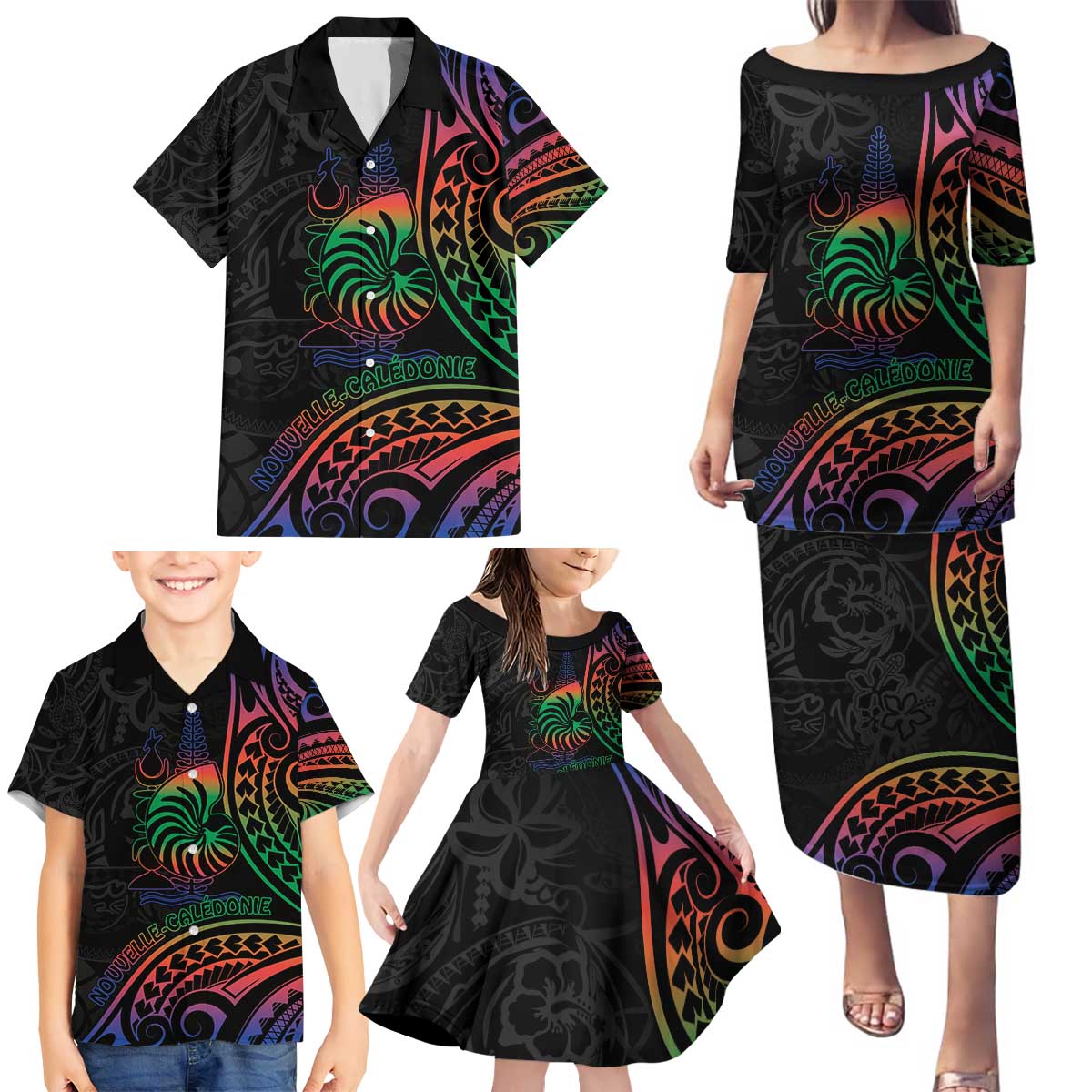 New Caledonia Polynesian Tatoo Personalised Family Matching Puletasi and Hawaiian Shirt