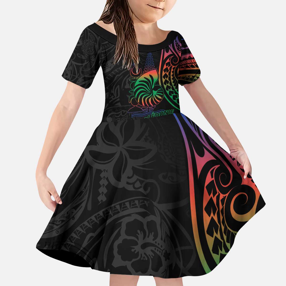 New Caledonia Polynesian Tatoo Personalised Kid Short Sleeve Dress