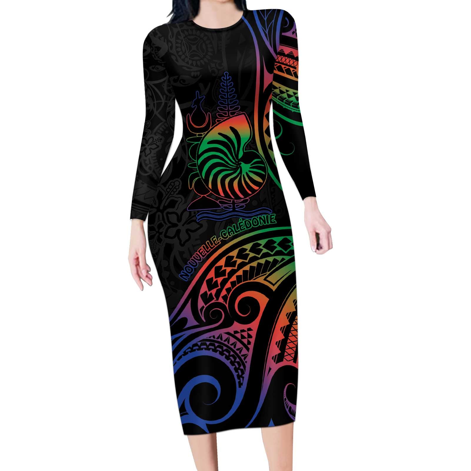 New Caledonia Polynesian Tatoo Personalised Long Sleeve Bodycon Dress