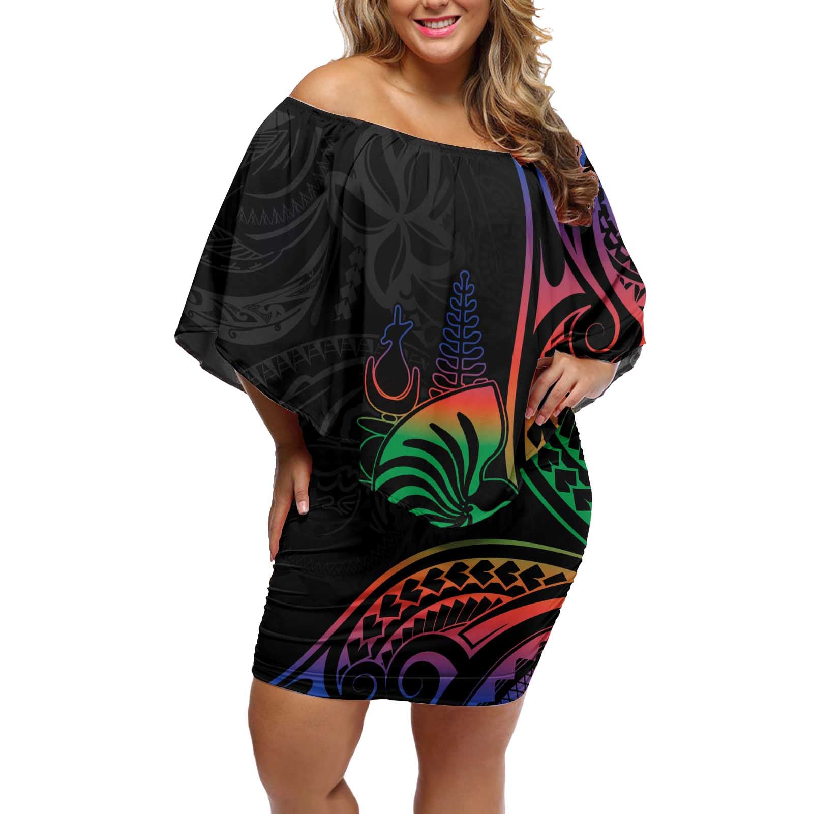 New Caledonia Polynesian Tatoo Personalised Off Shoulder Short Dress