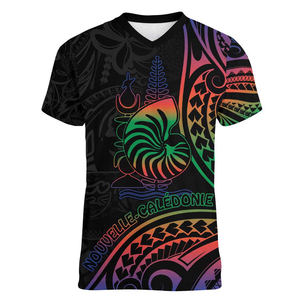 New Caledonia Polynesian Tatoo Personalised Women V-Neck T-Shirt LT9 Female Black - Polynesian Pride