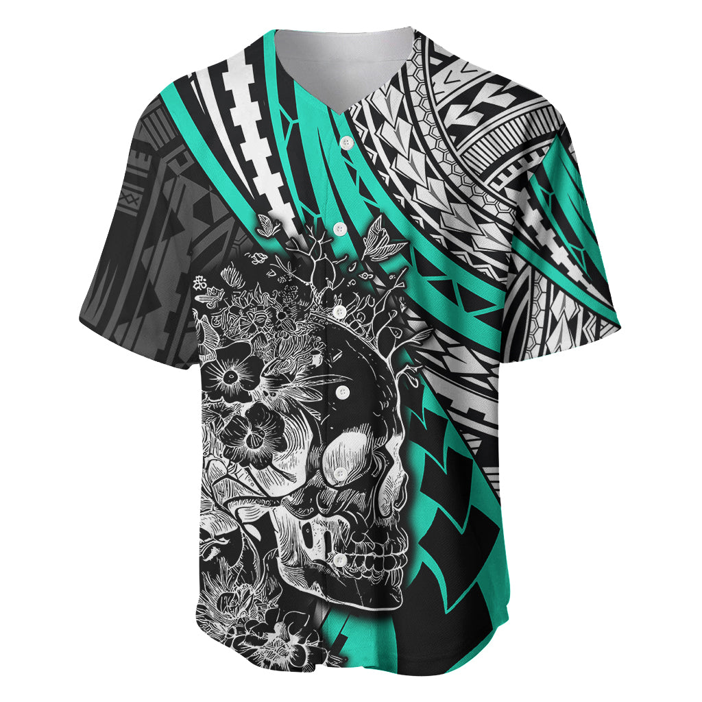 Personalised Polynesia Skull Baseball Jersey Tattoo In The Style Of Maori With Marine Life Aqua LT9 Aqua - Polynesian Pride
